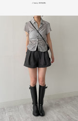 Check Shirred Short Sleeve Blouse
