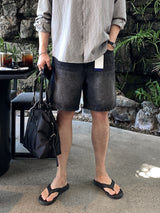 Look ピエールヴィンテージウォッシュドバックバンディングワイドデニムハーフパンツ