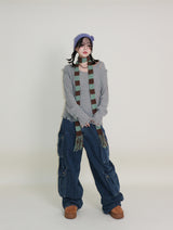 ラバーVネックダメージカットポイント長袖ニット (wool material)