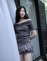 アシンメトリック リブ オフショルダー Tシャツ(CHARCOAL)