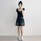 ユニークディープVネックホルターショートスリーブTシャツ (3 colors)