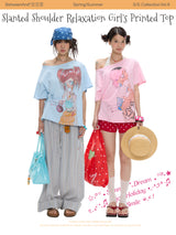 BETWEENAND Slouchy shoulder, lightweight, versatile short-sleeve T-shirt for women with cartoon girl print – summer version