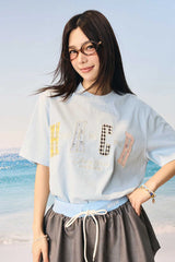 カラーブロックフローラルパッチTシャツ