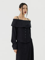 Scratch Cape Off-Shoulder Belted Shirt, Black