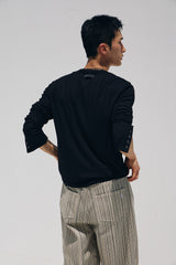 Contrast ribbed henley long Sleeve(Black)
