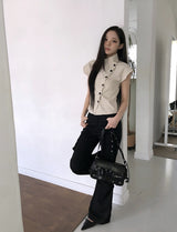 Newji Diagonal Button High-Neck Blouse Shirt