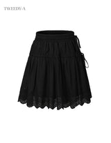 Double ribbon lace banding flare skirt black
