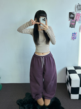 フリース/ストリング❤ベーシックルーズワイドロングパンツ 💜💙💚🤍4カラー