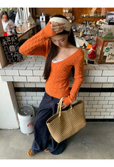 オレンジディープVネックツウィステッドロングスリーブニットウェア