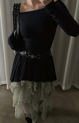 バレットオフショルダーアンバランスミニドレス (NAVY)