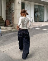 [U-BASIC] Nut Boat Neck Slim Crop Three Quarter Tee