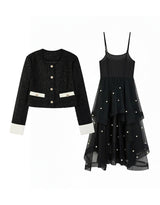 Selena Round-Neck Gold Button Tweed Pearl Dress Set Black