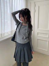 [Muffler Set/Fake Layered] チャドストライプレイヤードショートスリーブニットTシャツセット