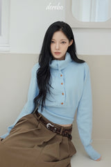 Sky blue high-neck button long-sleeved knitwear