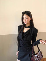 Black Chic Shimmering Halterneck Long-Sleeved T-Shirt