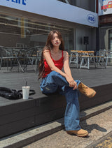 リッチダブルニーパッチストレートデニム
