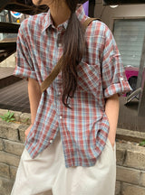 [unisex] カラニルチェックロールアップ半袖シャツ