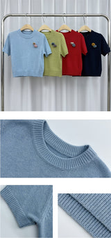 Tours Flower Decor Round Neck Wool Short Sleeve Knit