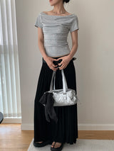Hand shirring off-shoulder spandex short-sleeved T-shirt