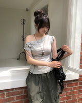 Rohe Eyelet Strap Unbalance Shoulder Tee