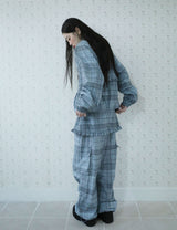 RUFFLE CHECKERED SKIRT CARGO PANTS(BLUE)