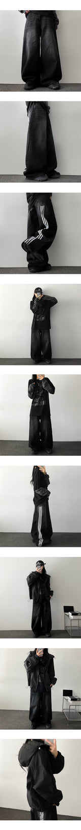 Port 3 trackline washed denim wide pants
