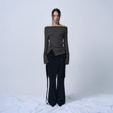 RIBBED OFF-SHOULDER KNIT(CHARCOAL KHAKI)