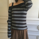 ノッキンストライプワンショルダーアンバランシードニットTシャツ
