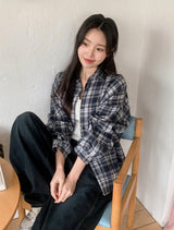 #Deep Blue Vintage Check Loose Shirt