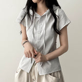 Shirin stripe side string short sleeve hooded blouse cardigan
