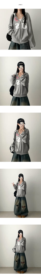 4US Heart American Flag Two-Way Hooded Zip-Up