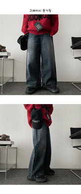 [Fleece lining]linen hem snapwashed wide denim pants-3 Tier Length