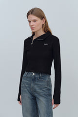 LOGO MIX UNBALANCE HALF ZIP-UP TOP - BLACK