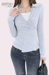 グレー Vストライプ ラップ ロングスリーブ Tシャツ