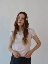レースジップカラー半袖パフTシャツ(pink)