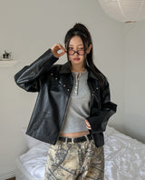 Dutch rivet semi-crop leather jacket