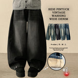 Leg hem snap side pin tuck denim wide pants