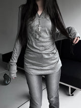 rika shirring V-neck printing T