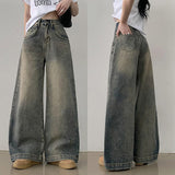 Bolt high waist stitching wide washed denim pants
