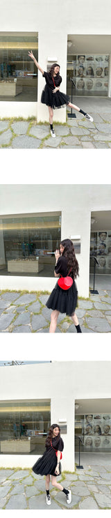 [SALE] Short sleeve collar lace puff dress
