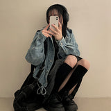 レディストラップチェック柄フード付きデニムジャケット