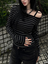 26SS★ [MADE] One-Shoulder Open Stripe Tee