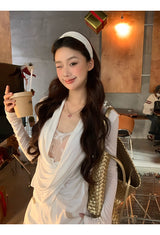 White Smudge Lace Shirring Long Sleeve T-shirt