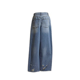 Fold-Over Distressed Wide Denim Pants
