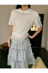 Lace shirring round loose fit short sleeve tee