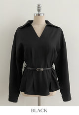 Doberin Open Collar Pintuck Blouse (Belt Set)