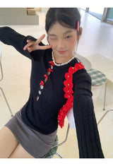 Red bow slit long-sleeved knit shirt