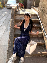 Navy Halterneck Flower Long Dress