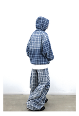RELABEL (Gemeng) Stud-embellished, printed, gradient-wash checked hooded denim sweatshirt