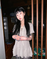 (2color) Eyelet Frill Tiered Rib Short Sleeve Tee